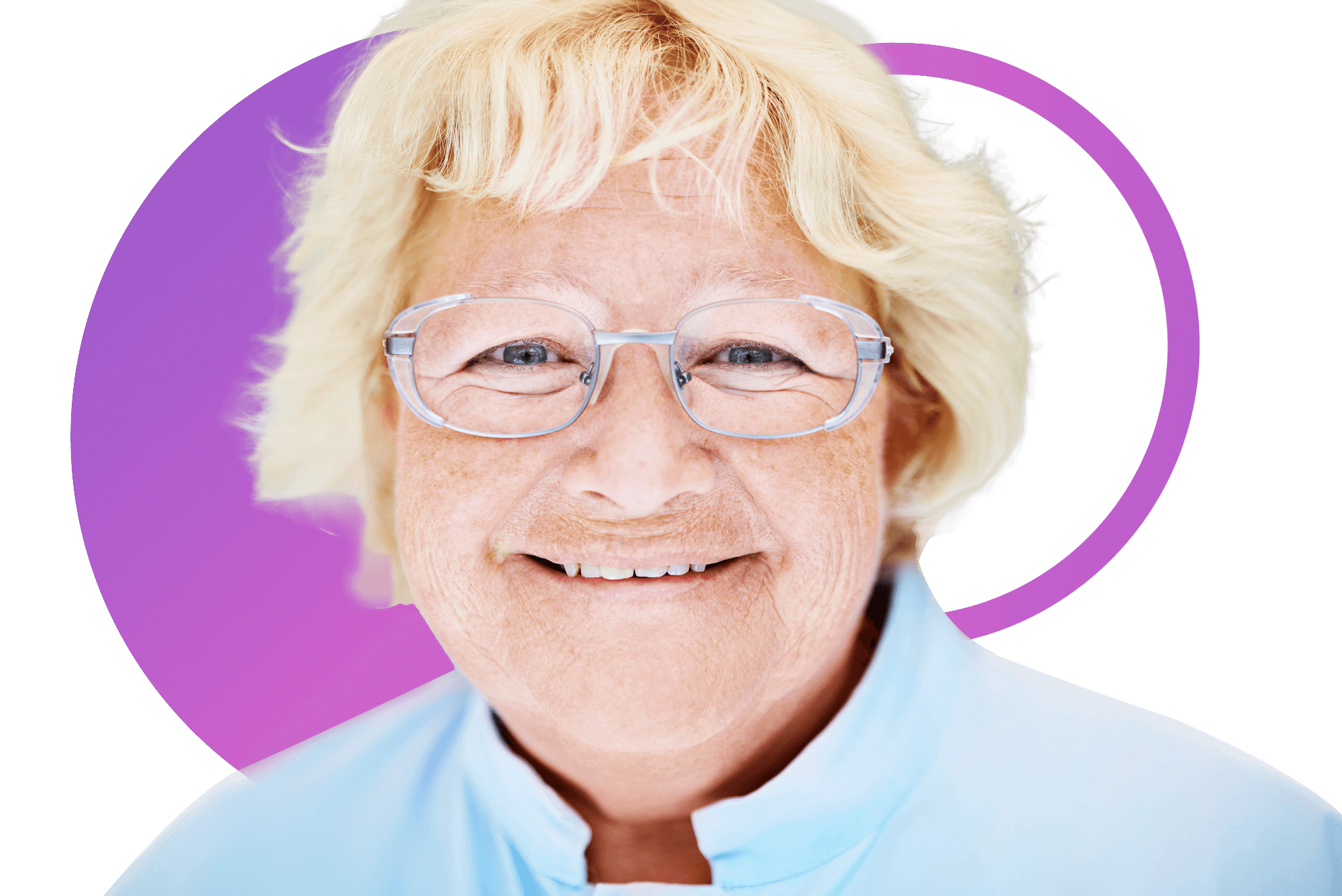 crna pozadina sa dva ljubičasta kruga fotografija starije žene sa naočarima